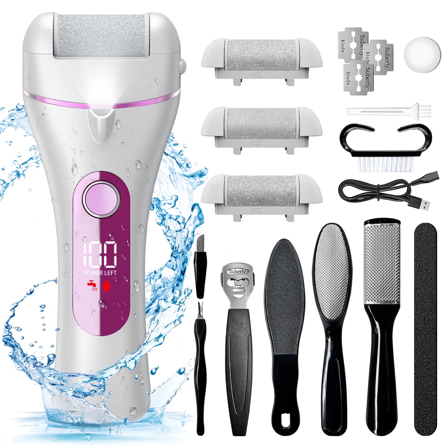 Electric Callus Remover for Feet, Portable Foot File with 18-In-1 Kit, Waterproof, 3 Roller Heads, 2 Speeds